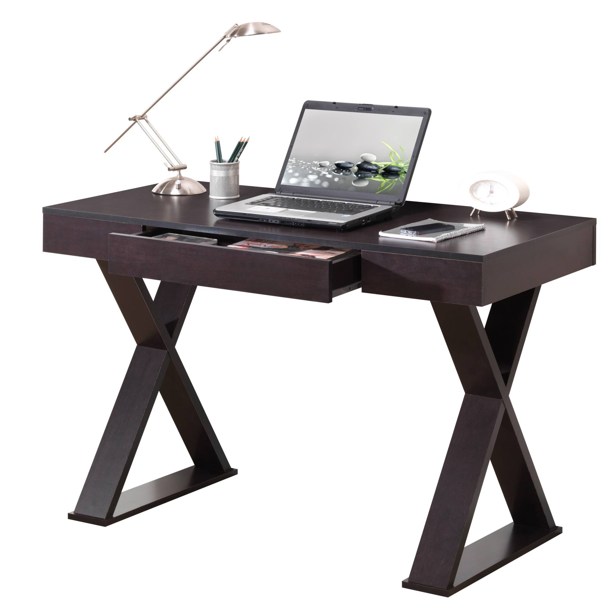 Angle. GOODSILO - Modern Writing Desk with Storage Drawer and Sturdy X-Shaped Legs for Home Office - Espresso.