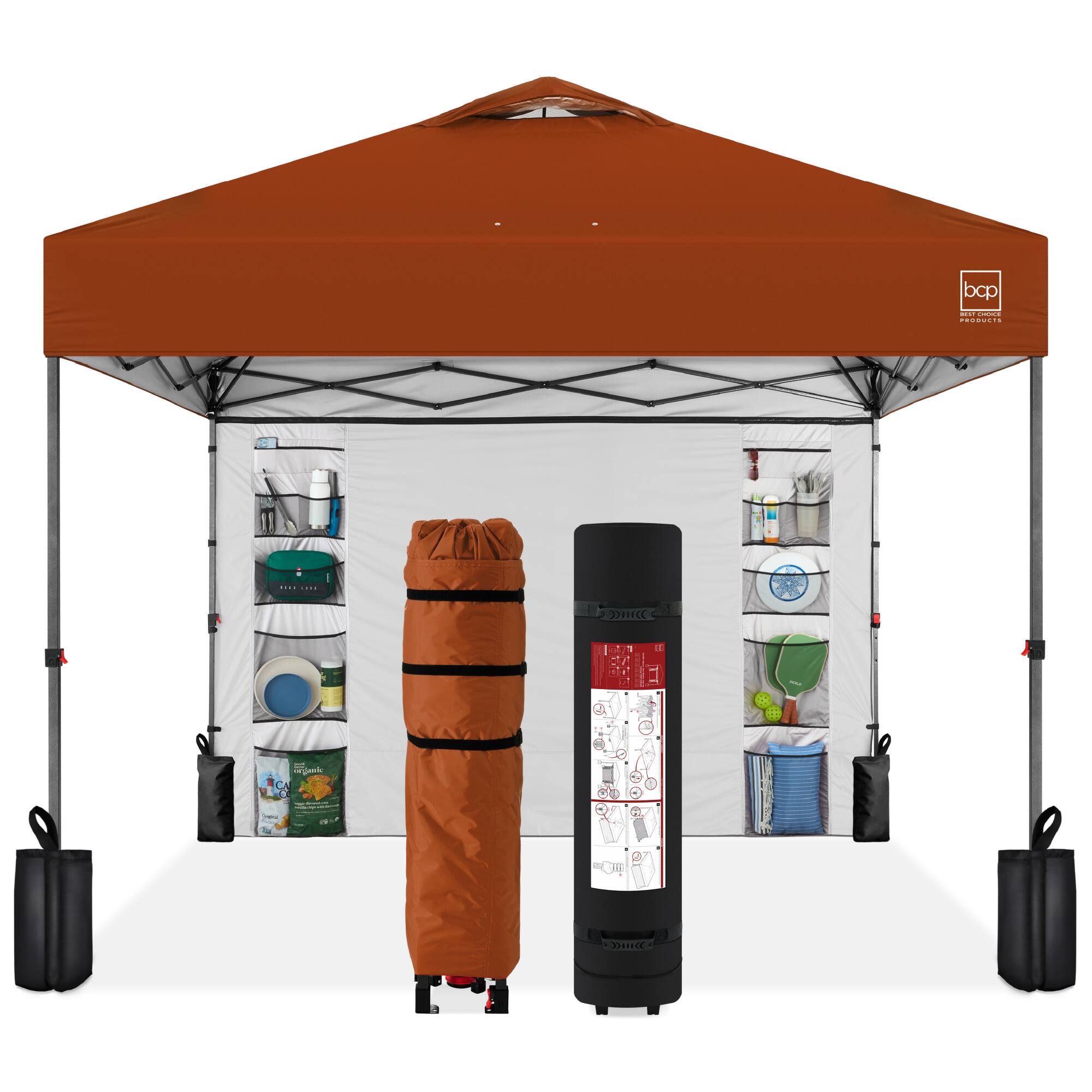Best Choice Products - 10x10ft Easy Setup Pop Up Canopy, Portable Tent w/ Side Wall, 1-Button Push, Case - Rust