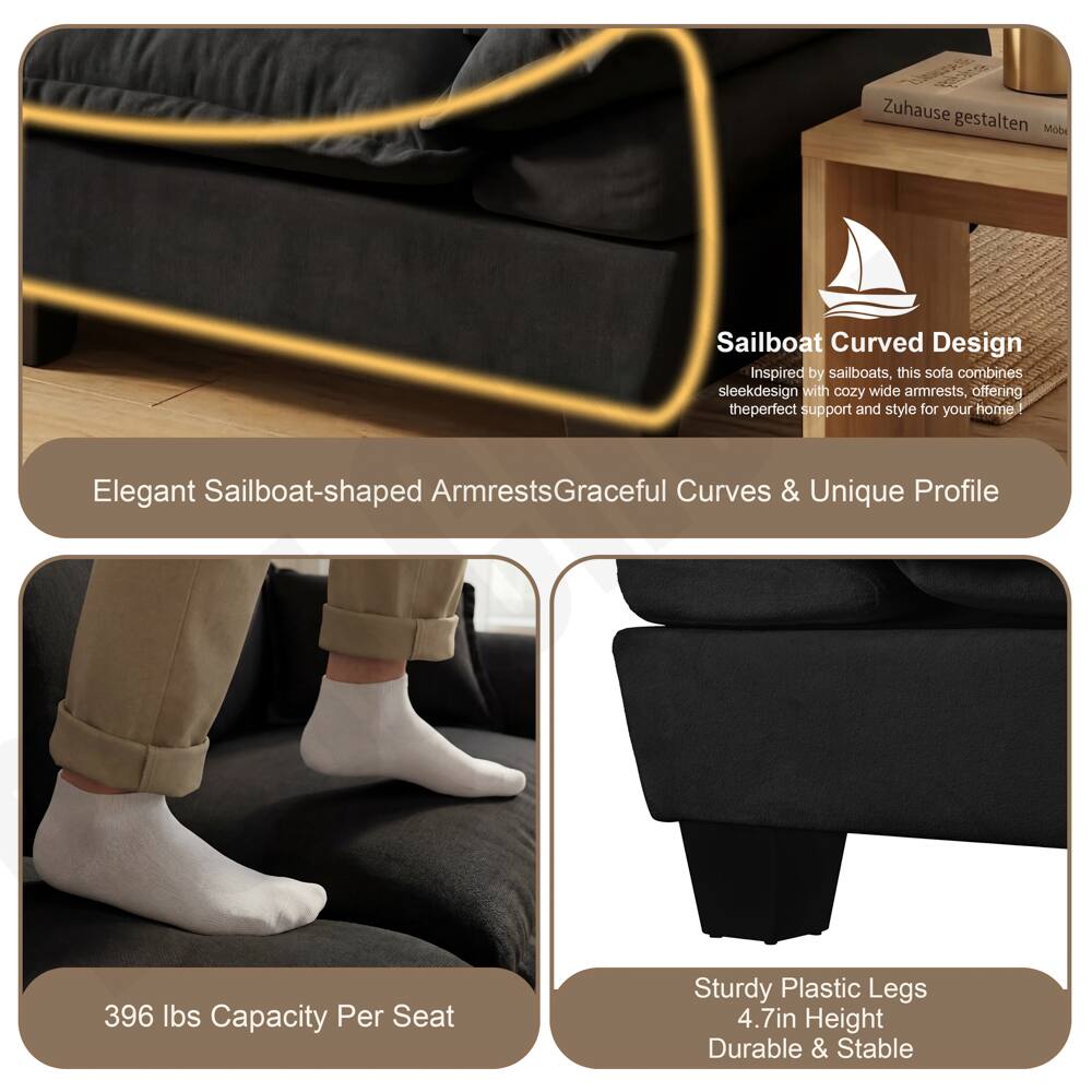 Zuhause gestalten

Sailboat Curved Design  
Inspired by sailboats, this sofa combines sleek design with cozy wide armrests, offering the perfect support and style for your home.

Elegant Sailboat-shaped Armrests  
Graceful Curves & Unique Profile

396 lbs Capacity Per Seat

Sturdy Plastic Legs  
4.7in Height  
Durable & Stable