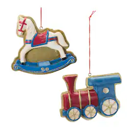 BreeBe - Rocking Horse and Toy Train Ornament (Set of 12) - Blue, Gold