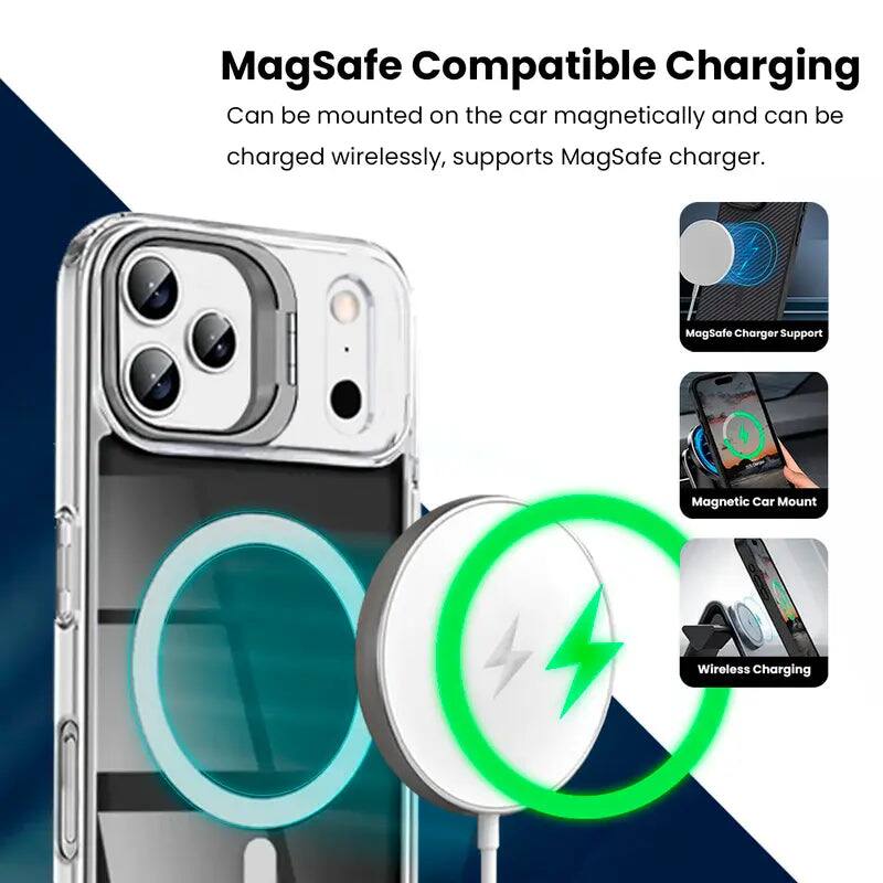 MagSafe Compatible Charging  
Can be mounted on the car magnetically and can be charged wirelessly, supports MagSafe charger.  

MagSafe Charger Support  
Magnetic Car Mount  
Wireless Charging