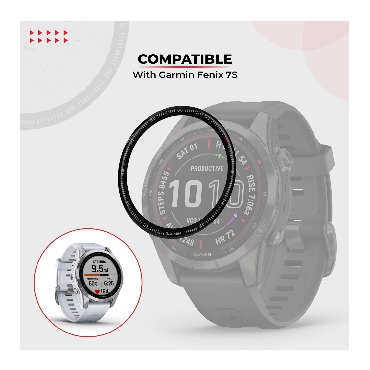 The text in the image is:

"COMPATIBLE With Garmin Fenix 7S / 111IEET1E 25 mm 60 ARItIBIA 55 05 MIN EEEEEEE d d !!/111119 D on 01 I H . SAT | B 54 E PRODUCTIVE 8455 RISE 10 1 T STEPS 20 7:06a - V02 54 LAP A 25 D 3. GARMIN m***** 72 - 248 HR BACK 35 GARMIN STAMINA 9.5mi mil KNANING 50% 6:25 164"

Corrected and grouped:

"COMPATIBLE With Garmin Fenix 7S / 111IEET1E 25 mm 60 ARItIBIA 55 05 MIN EEEEEEE d d !!/111119 D on 01 I H . SAT | B 54 E PRODUCTIVE 8455 RISE 10 1 T STEPS 20 7:06a - V02 54 LAP A 25 D 3. GARMIN 72 - 248 HR BACK 35 GARMIN STAMINA 9.5mi 50% 6:25 164"