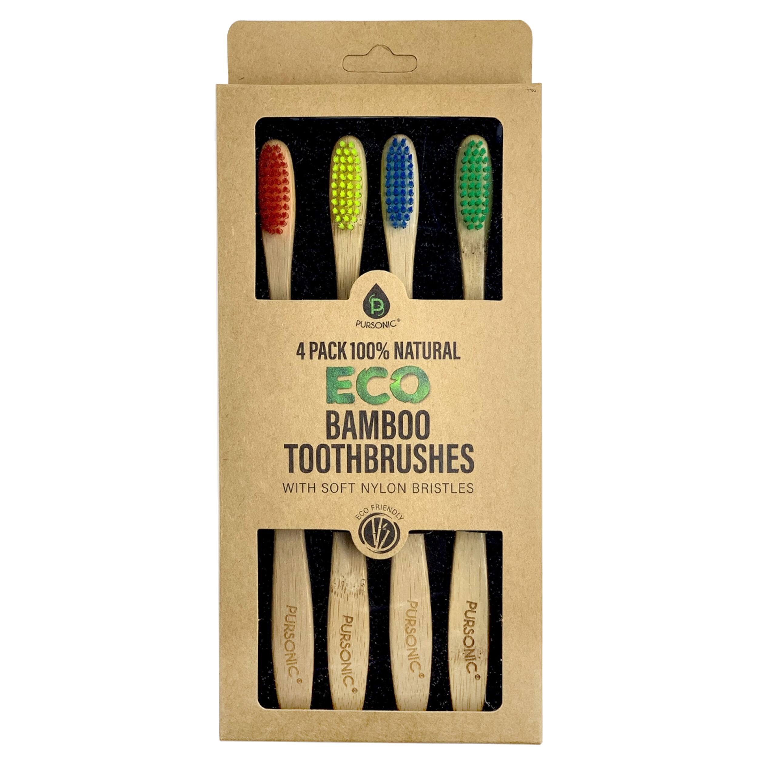 Pursonic 4 Pack 100% Natural Eco Bamboo Toothbrushes with Soft Nylon Bristles