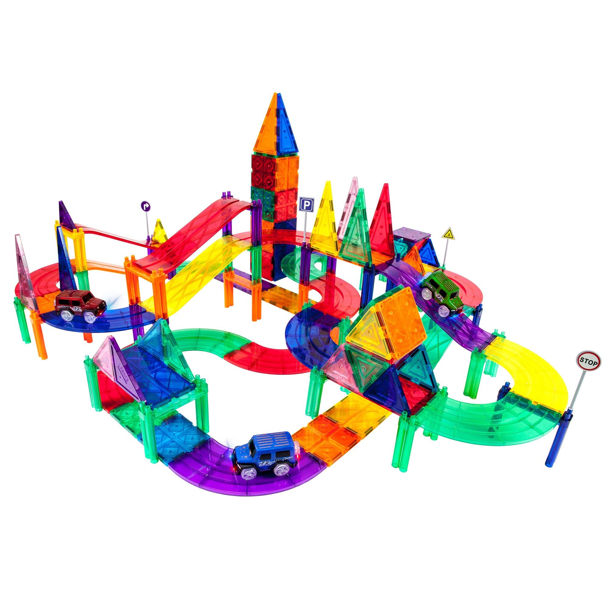 PicassoTiles - PICASSO-TILES Race Track Magnetic Tiles for Kids, 128PCS with 3 Racing Cars, STEM Building Blocks Educational Toy - Multicolor