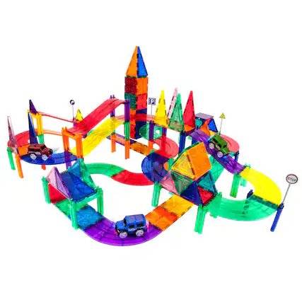 Front. PicassoTiles - PICASSO-TILES Race Track Magnetic Tiles for Kids, 128PCS with 3 Racing Cars, STEM Building Blocks Educational Toy - Multicolor.