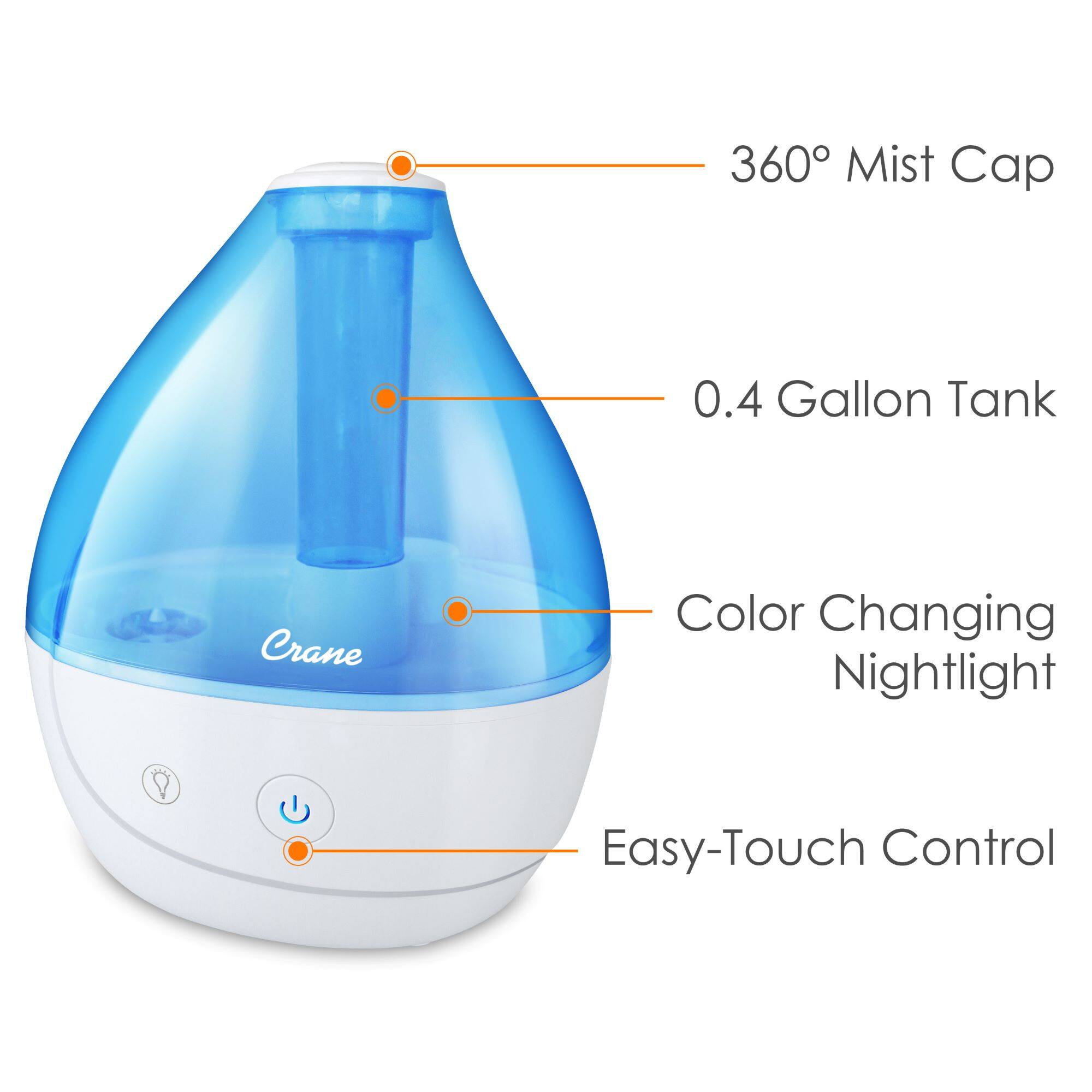 360° Mist Cap, 0.4 Gallon Tank, Crane, Color Changing Nightlight, Easy-Touch Control