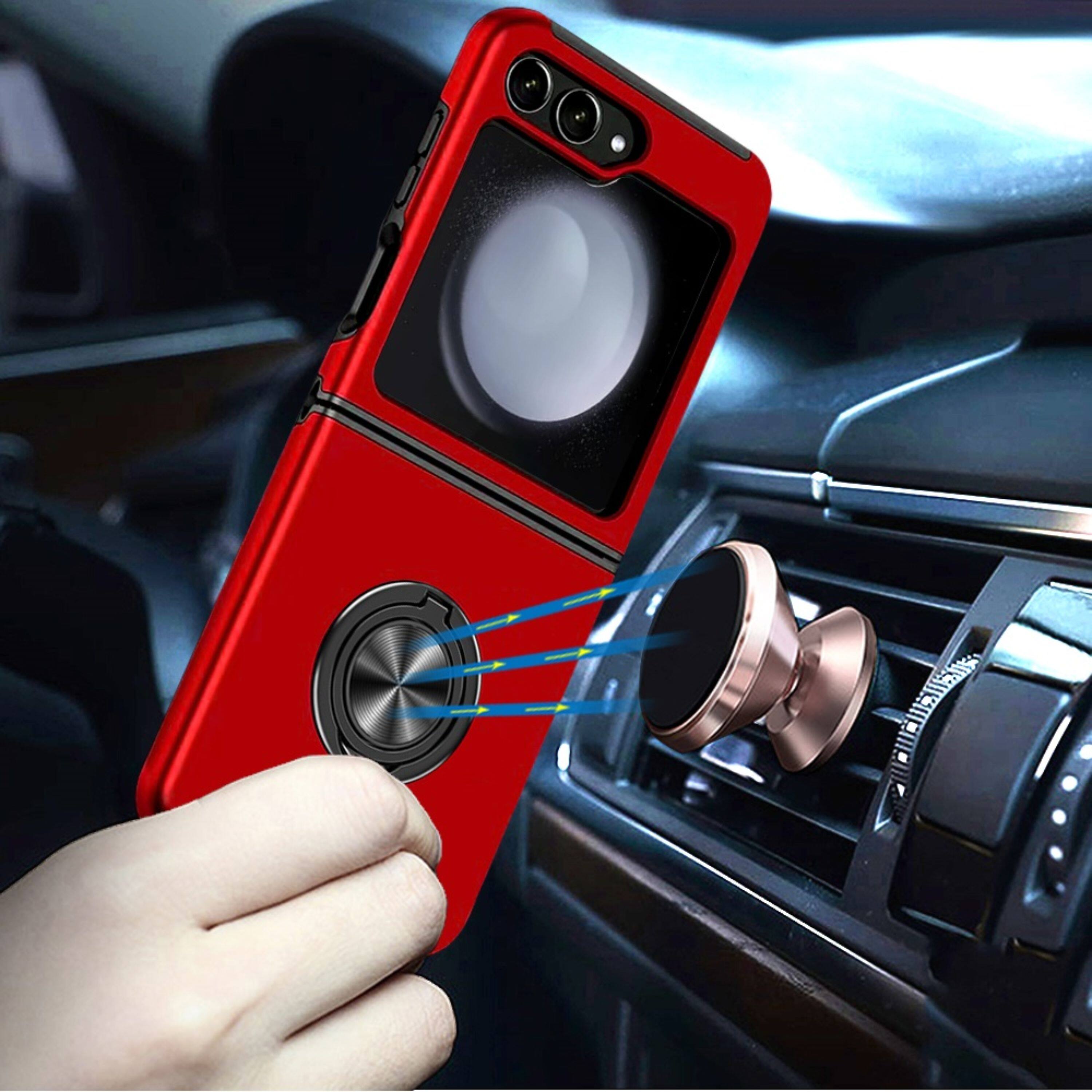 Angle. Kitcheniva - Rubberized Matte Magnetic Ring Stand Phone Case For Samsung Galaxy Z Flip 6 Red - Red.