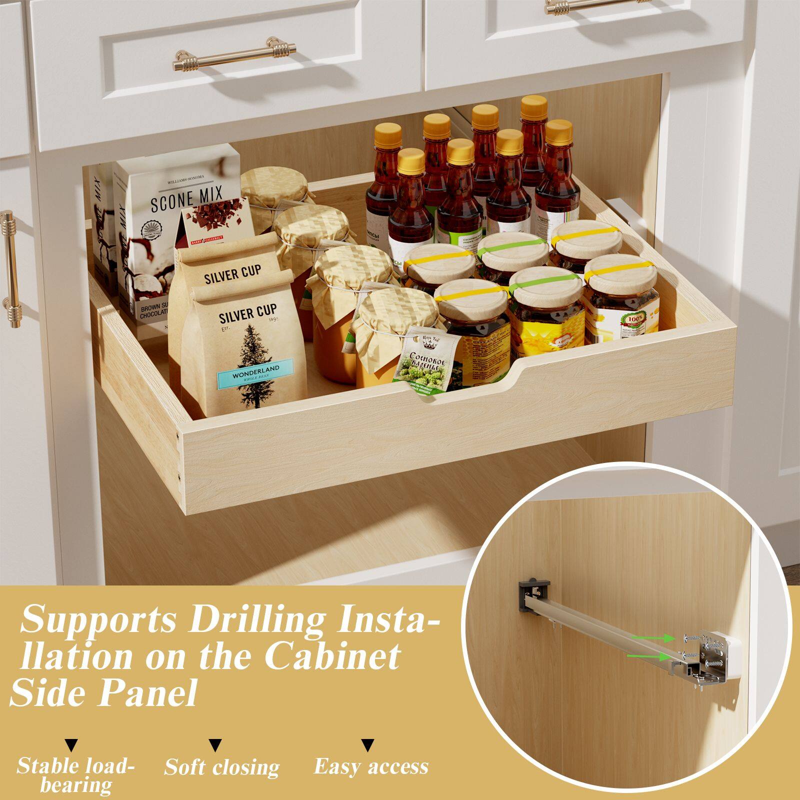 - Scone Mix
- Silver Cup
- Brown Sugar Chocolate
- Wonderland

Supports Drilling Installation on the Cabinet Side Panel

Stable load-bearing
Soft closing
Easy access