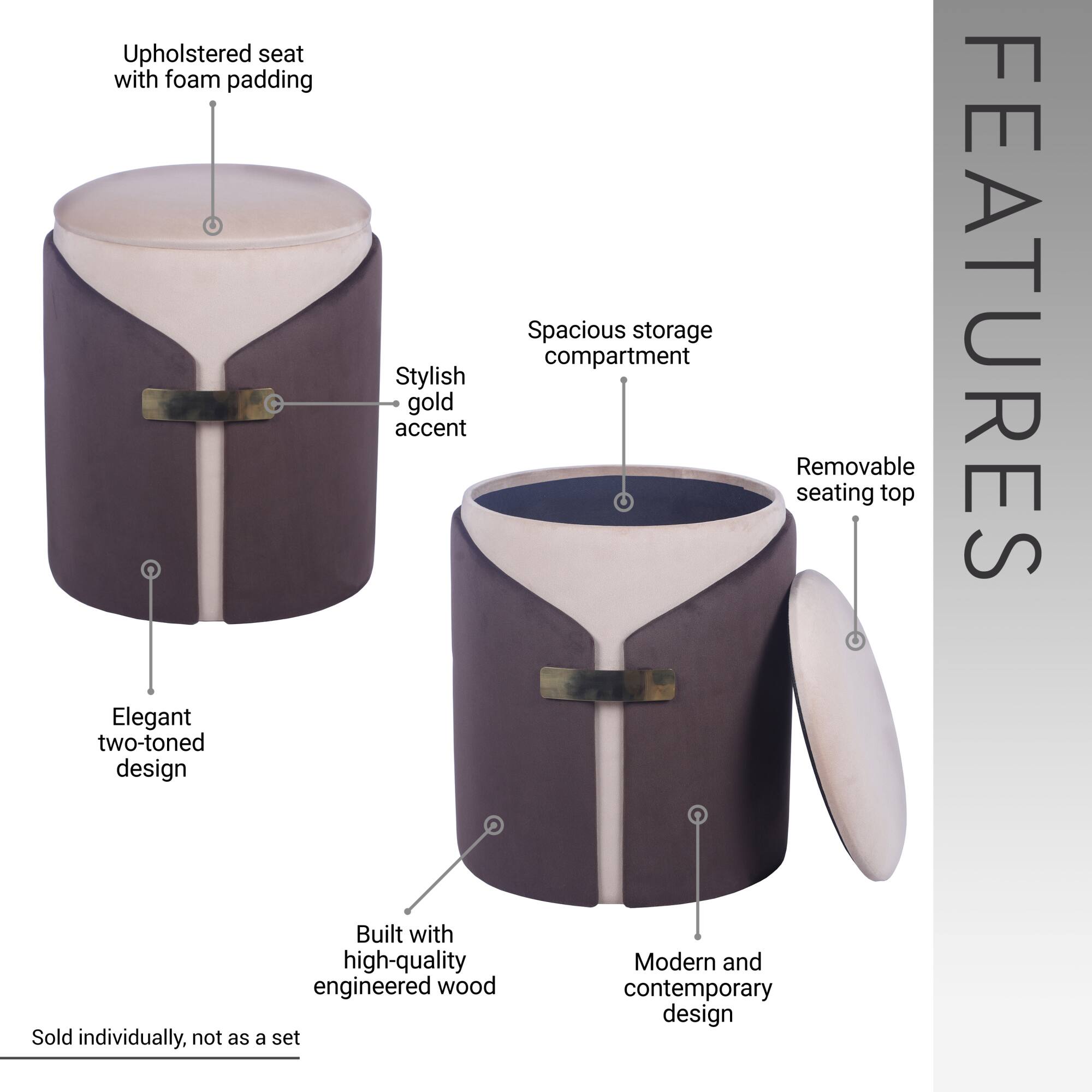 - Upholstered seat with foam padding
- Stylish gold accent
- Elegant two-toned design
- Spacious storage compartment
- Removable seating top
- Built with high-quality engineered wood
- Modern and contemporary design
- Sold individually, not as a set