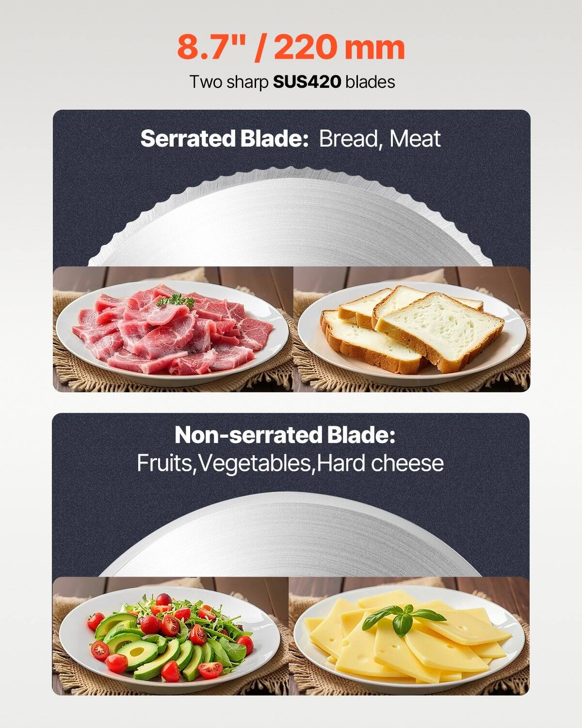 8.7" / 220 mm  
Two sharp SUS420 blades  

Serrated Blade: Bread, Meat  

Non-serrated Blade: Fruits, Vegetables, Hard cheese