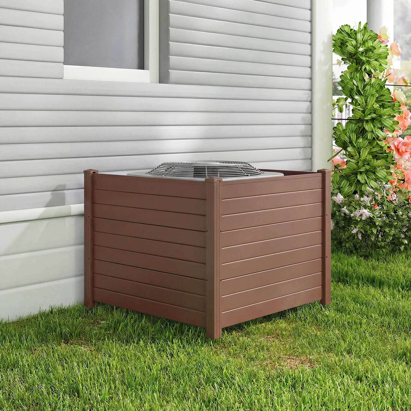 Alt View 3. Costway - Costway 2PCS Air Conditioner Fence 3 Panels with Metal Ground Stakes, No Dig Trash Can - Brown.