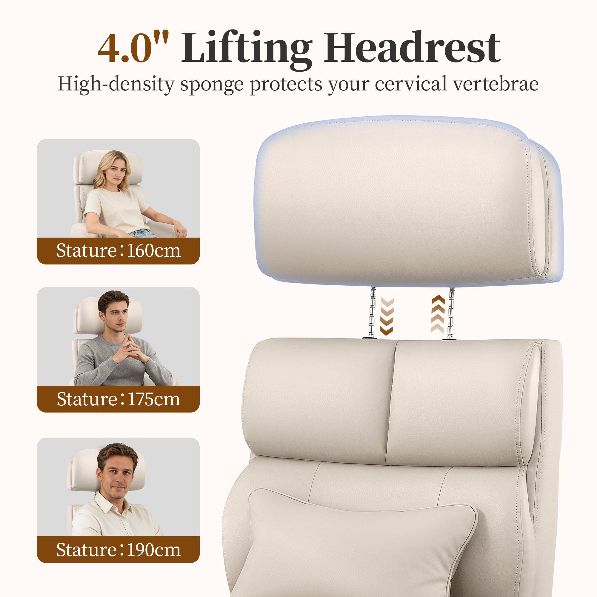 4.0" Lifting Headrest  
High-density sponge protects your cervical vertebrae  

Stature: 160cm  
Stature: 175cm  
Stature: 190cm