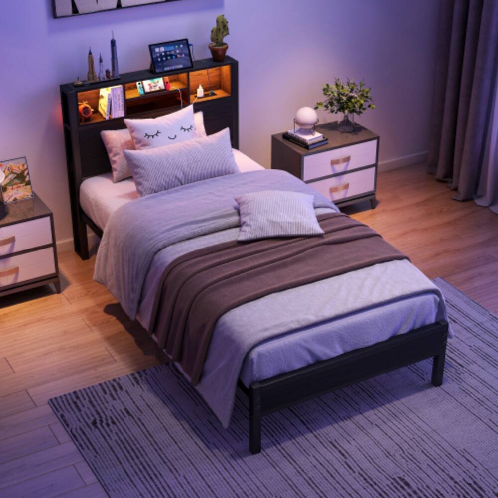 Angle. LUCKY ONE - Twin Size Bed Frame with Storage Headboard, Charging Station, Bookcase, LED Lights, Metal Platform, No Box Spring Needed - Black Brown.