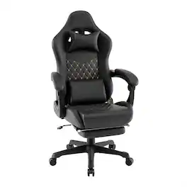 Pefilos - Ergonomic Video Game Computer Chair, Reclining, Retractable Footrest, Headrest & Lumbar Pillow, PU Leather - Black
