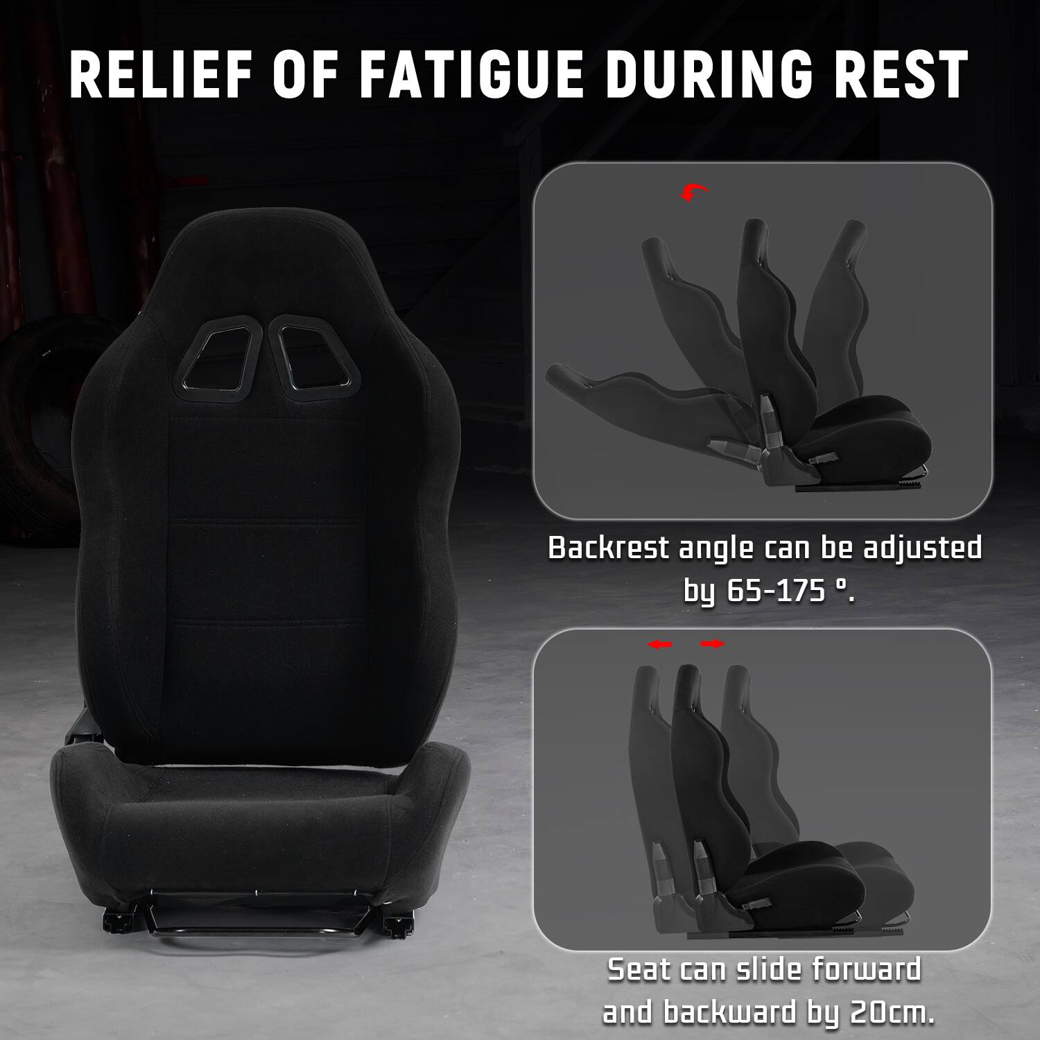RELIEF OF FATIGUE DURING REST

Backrest angle can be adjusted by 65-175°.

Seat can slide forward and backward by 20cm.