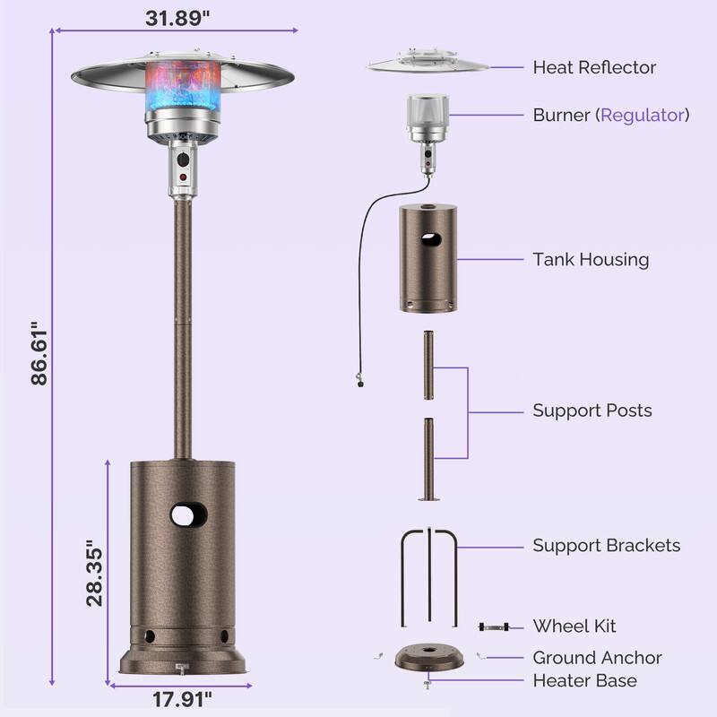 - Heat Reflector: 31.89"
- Burner (Regulator): 86.61"
- Tank Housing: 28.35"
- Support Posts: 17.91"
- Support Brackets
- Wheel Kit
- Ground Anchor
- Heater Base