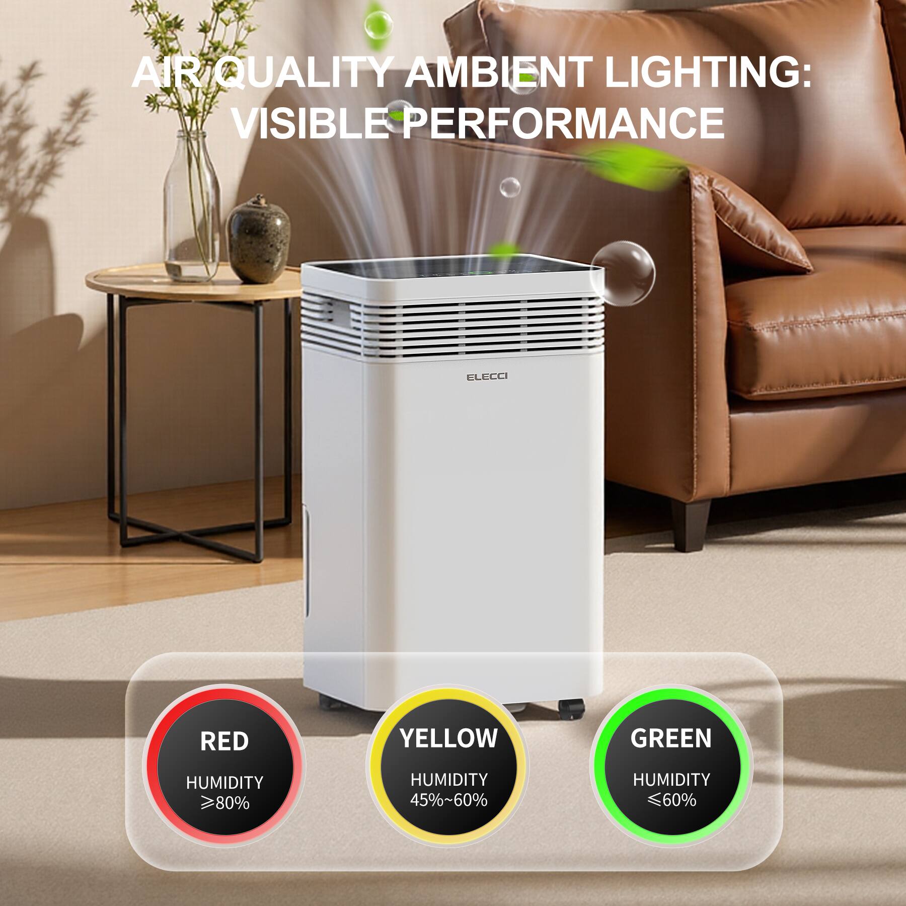 AIR QUALITY AMBIENT LIGHTING: VISIBLE PERFORMANCE

ELECCI

RED: HUMIDITY ≥80%
YELLOW: HUMIDITY 45%~60%
GREEN: HUMIDITY ≤60%