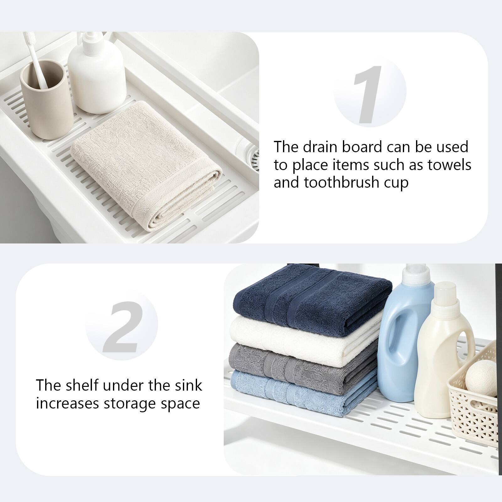 1. The drain board can be used to place items such as towels and toothbrush cup.
2. The shelf under the sink increases storage space.