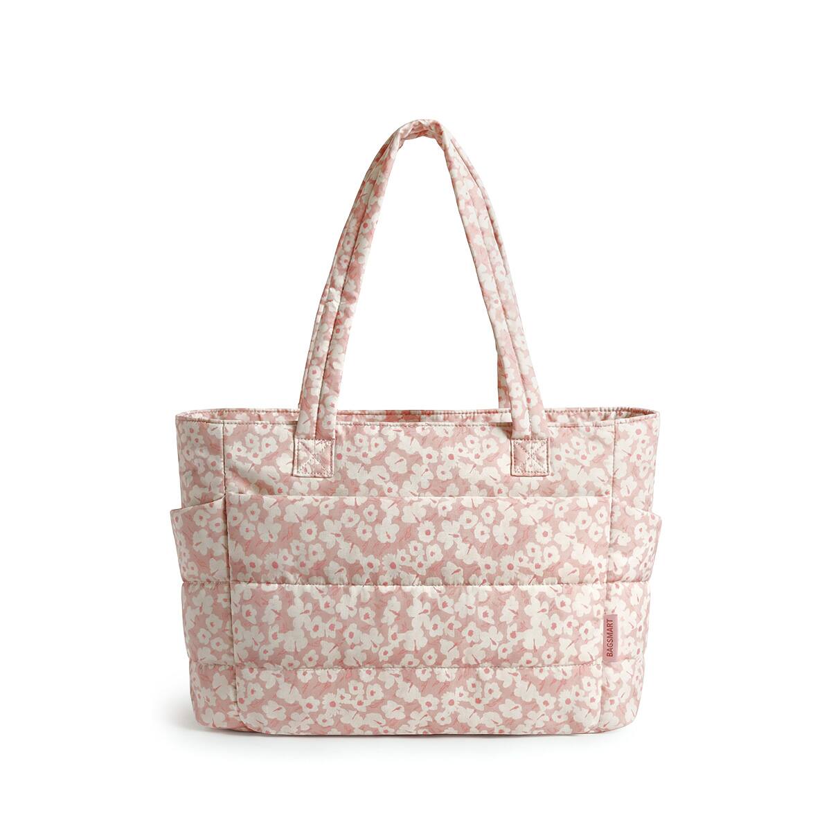 Front. Bagsmart - Puffer 18L Medium Tote, Water-Resistant Floral Tote with 14" Laptop Compartment for Commute & Travel - Pink Floral.
