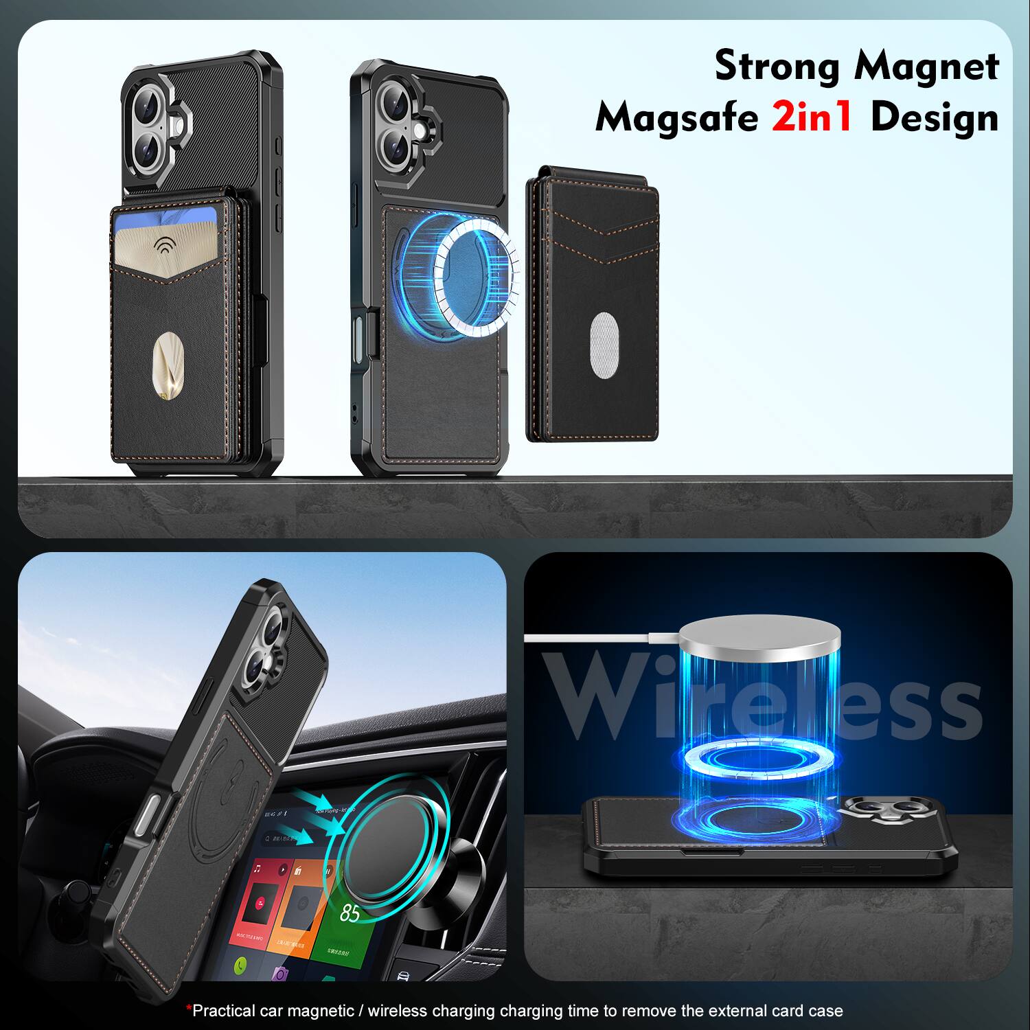 Strong Magnet Magsafe 2in1 Design Wireless

Practical car magnetic / wireless charging charging time to remove the external card case