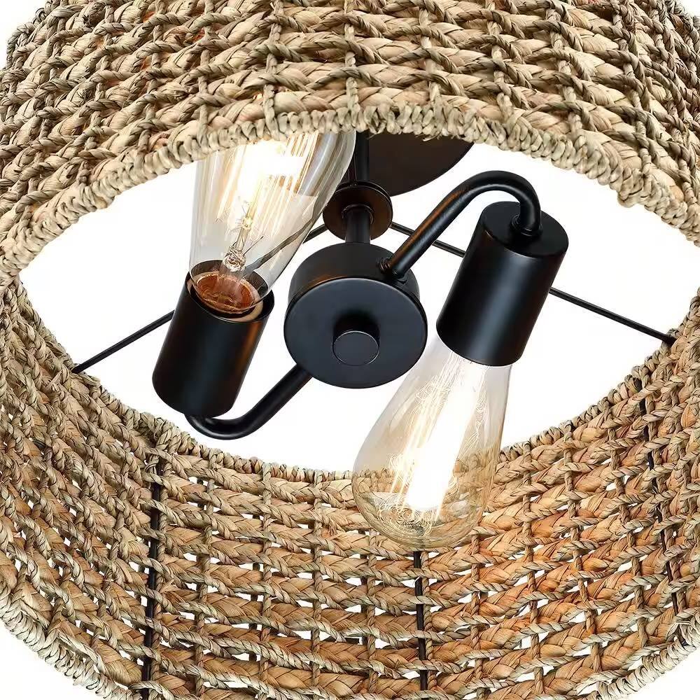 Back. Hivvago - Bohemian 13.6-inch Round Rattan Drum 2-Light Ceiling Light - Semi-Flush Mount - Brown.