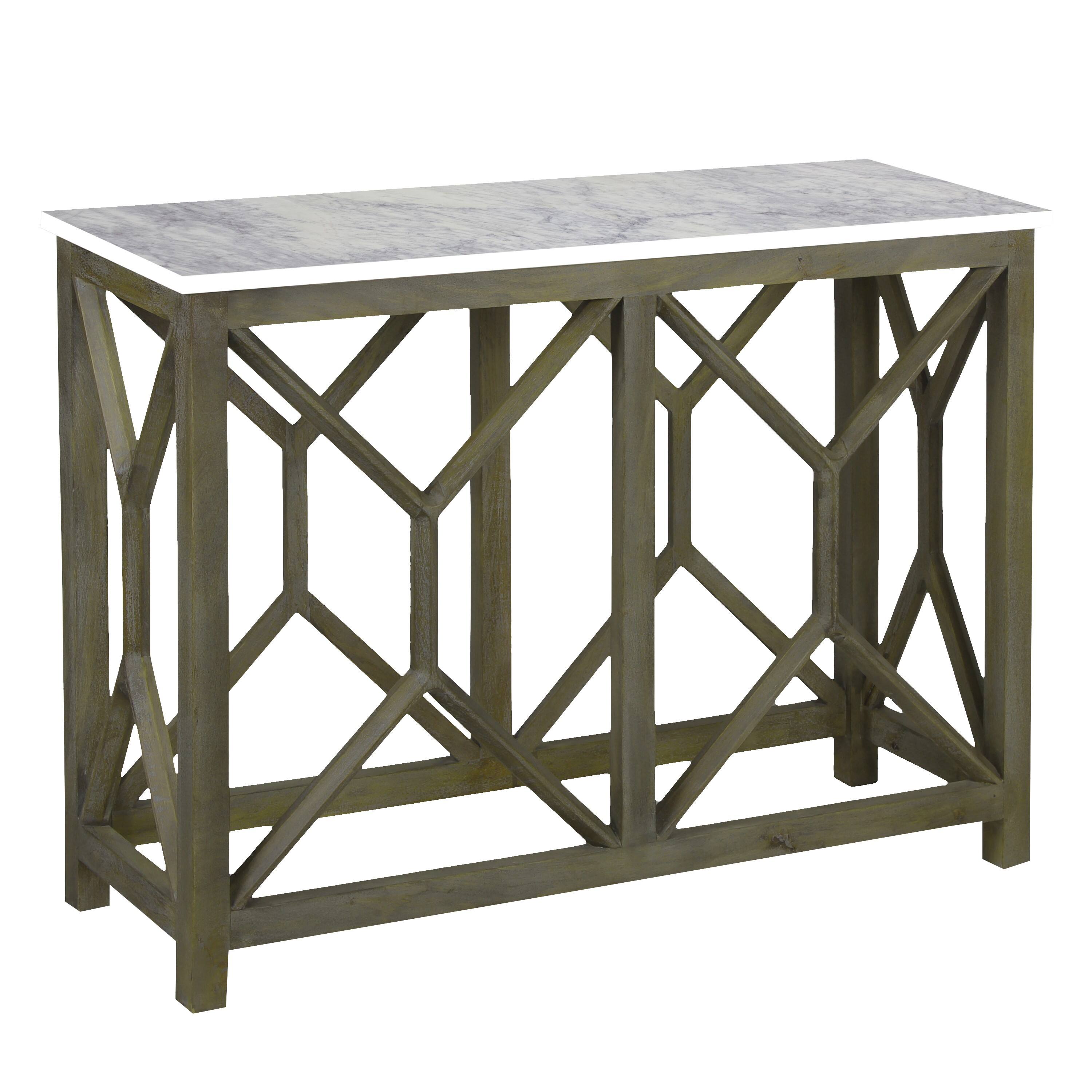 Angle. Manhattan Lane - Agas 41 Inch Sofa Console Table, White Genuine Marble Top, Sandblasted Washed Ash Gray Mango Wood Geometric Frame - White, Ash Gray.