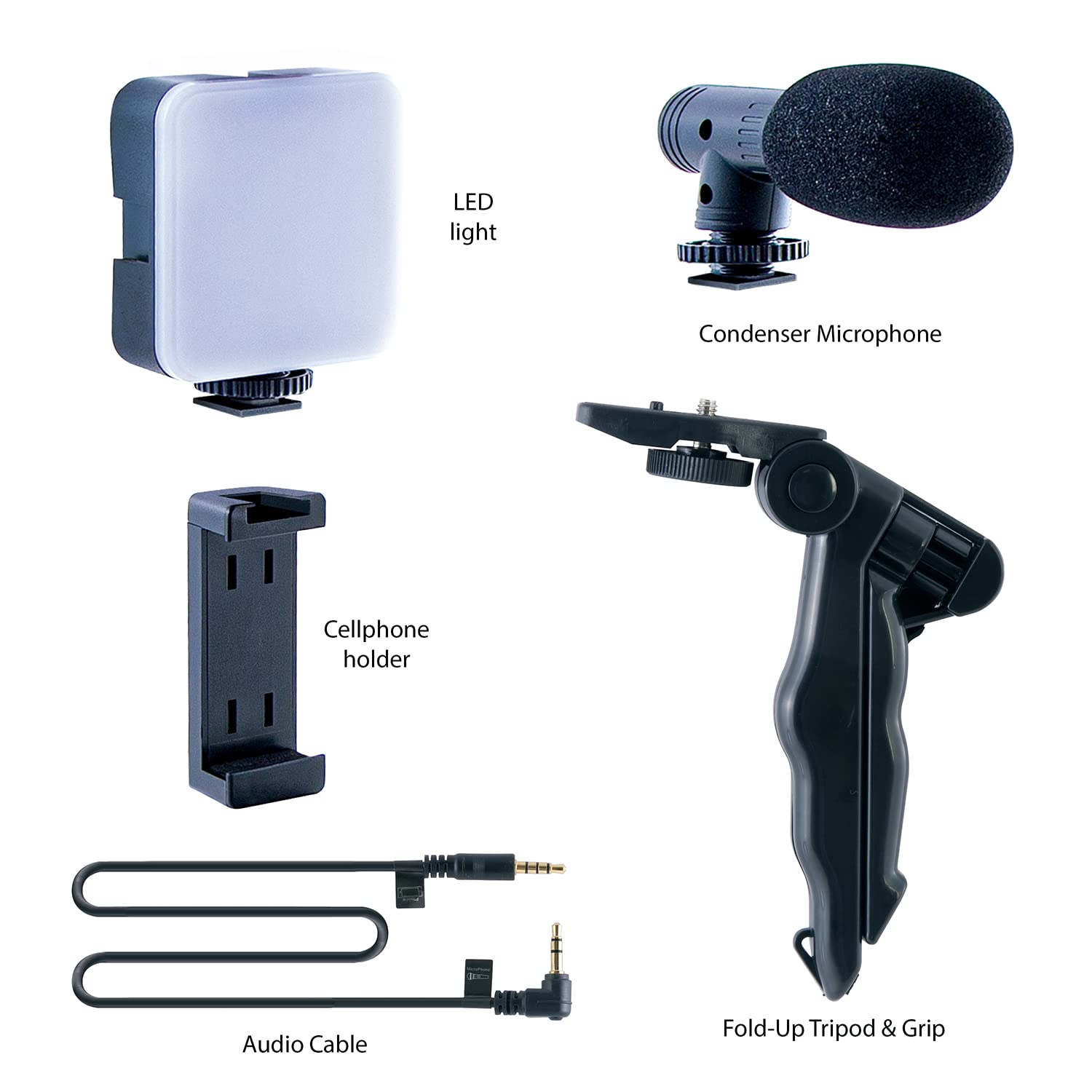 - LED light
- Condenser Microphone
- Cellphone holder
- Audio Cable
- Fold-Up Tripod & Grip