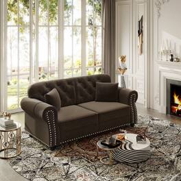 Anysun - 63" Velvet Chesterfield Sofa w/ Nailhead Trim, Rolled Armrests, Button Tufted, 2 Pillows, Mid-Century - Brown