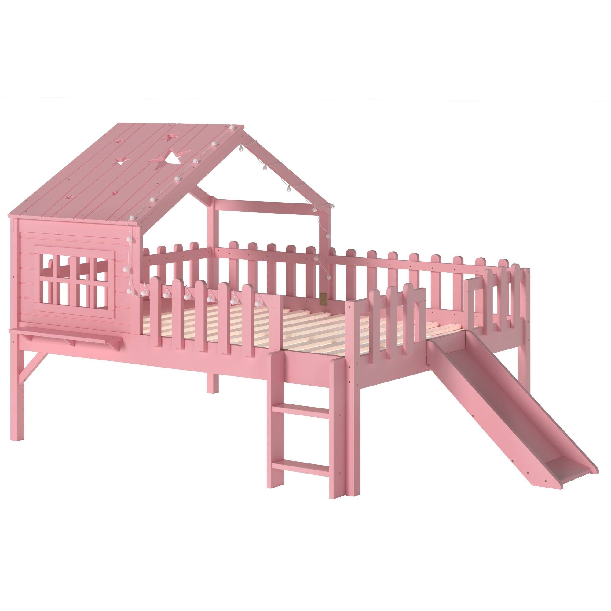 Alt View 4. Boyel Living - Full Size House Loft Bed with Slide Playhouse Bed with Star Shaped Designs - Pink.