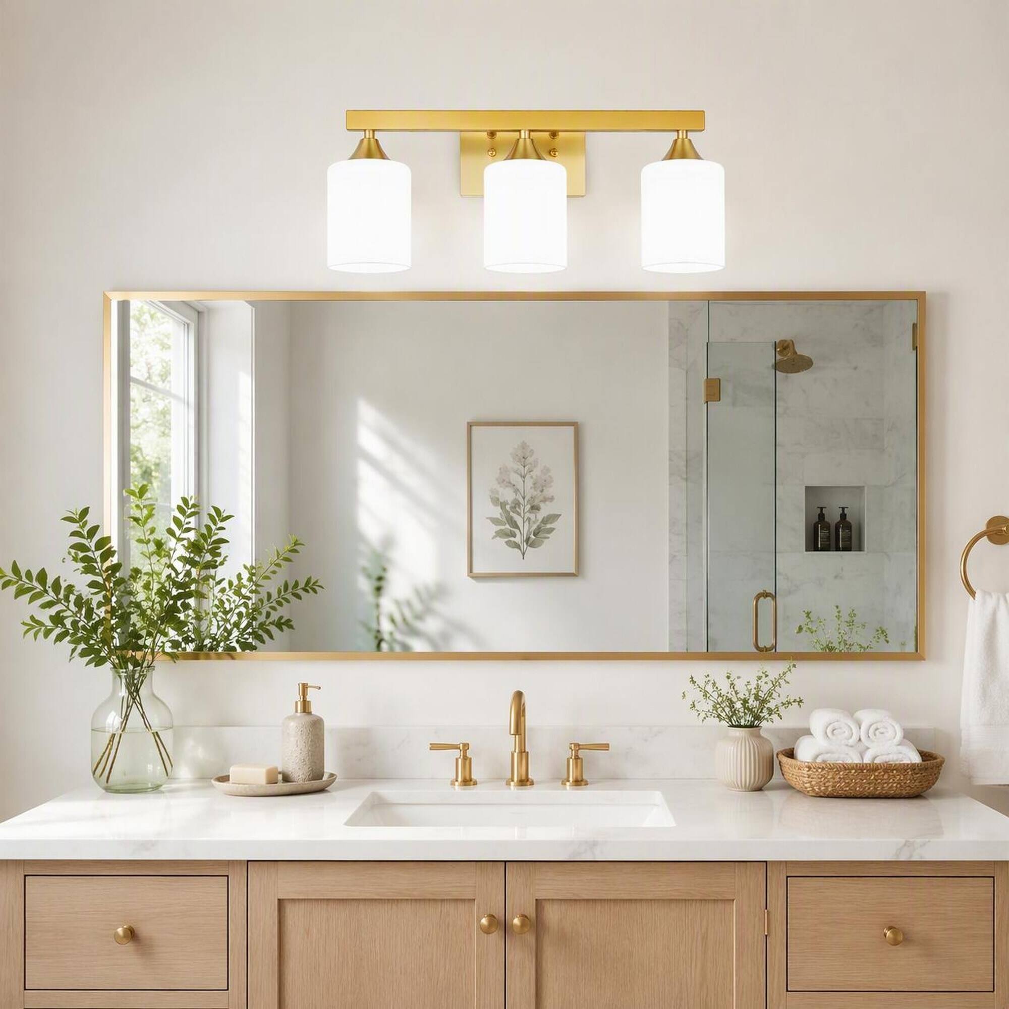Left. RYHNUYNE - 3-Light Brushed Gold Bathroom Vanity Light with Frosted Glass Shades, Moisture-Resistant Metal Frame.