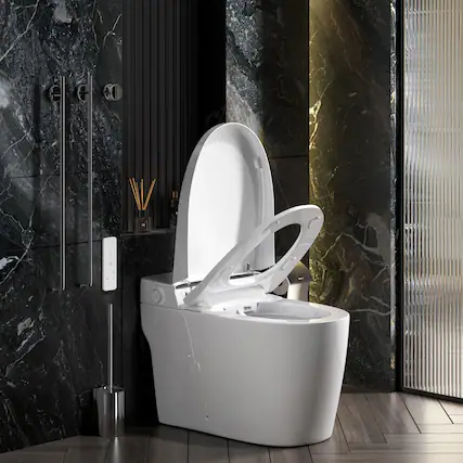 Front. Ecooso - Smart Bidet Toilet with Foot Sensor Flush, Auto Open Lid, Heated Water, Multi Wash Modes and Tankless Sleek Design - White.