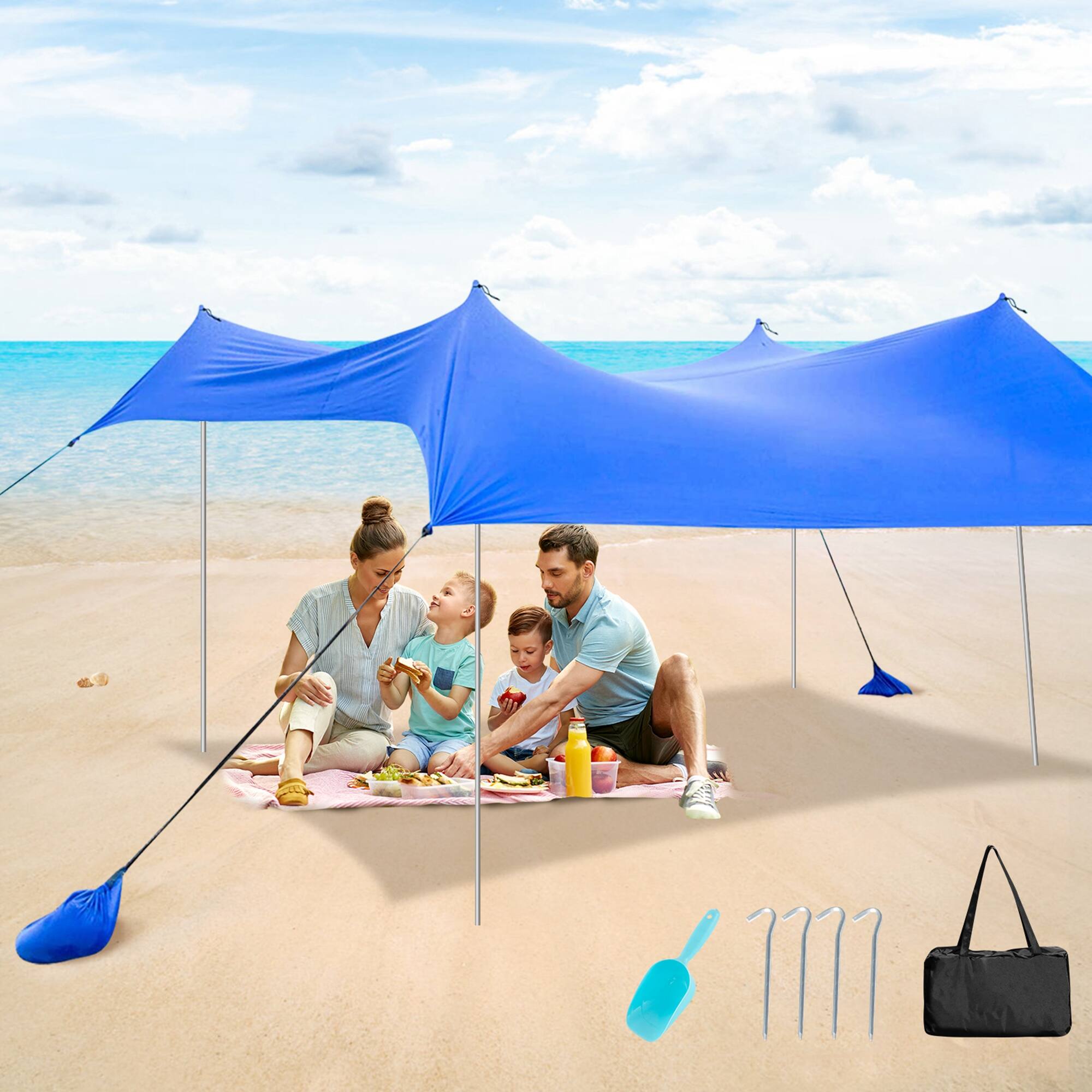 Front. Costway - Family Beach Tent Canopy with 4 Poles Sandbag Anchors 10'x9' UPF50+ - Blue.