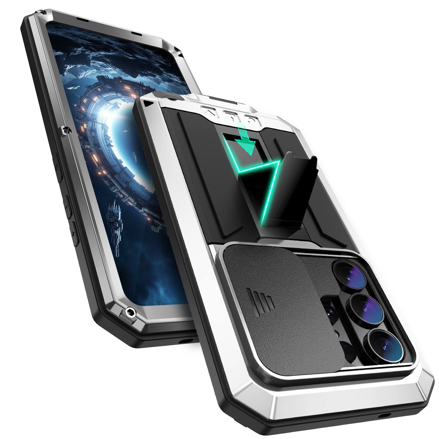 Left. UUCOVER - Rugged Heavy Duty Case for Samsung Galaxy S25 Ultra with Screen Protector Shockrpoof Metal+TPU Sliding Lens Stand Cover - Silver.
