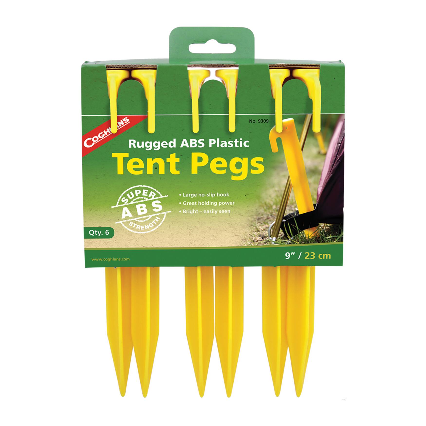NS No. 9309  
COGHLANS  
Rugged ABS Plastic Tent Pegs  
SUPER ABS  
- Large no-slip hook  
- Great holding power  
- Bright - easily seen  
Qty. 6  
9" / 23 cm  
www.coghlans.com