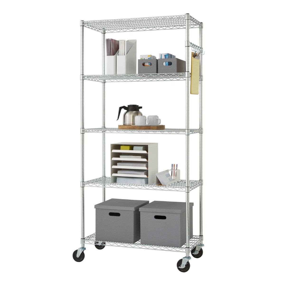 TRINITY - EcoStorage® 5-Tier | 36x18x72 | Commercial Wire Shelving | NSF | w/ Sidebar & Wheels - Chrome