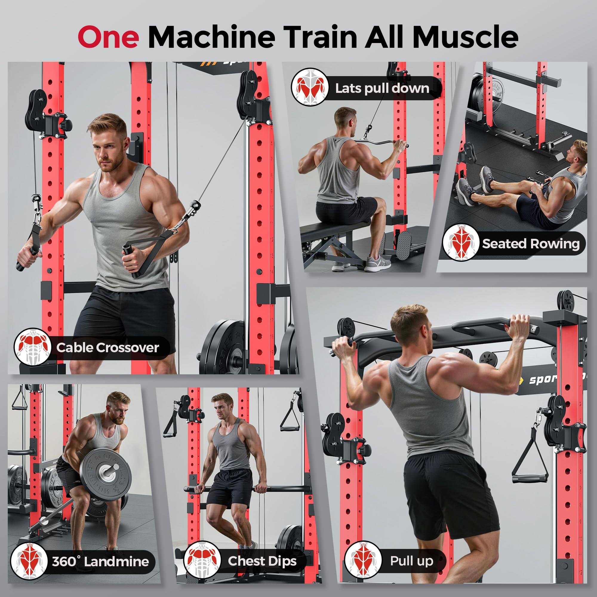 One Machine Train All Muscle  
Lats pull down  
Seated Rowing  
Cable Crossover  
360° Landmine  
Chest Dips  
Pull up