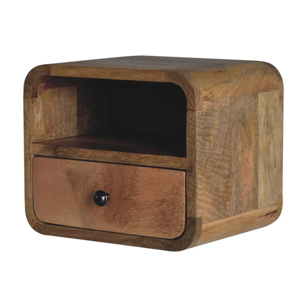 Left. Artisan Furniture - Artisan Furniture Solid Wood Extra Mini Wall Mounted Curved Oak-ish Bedside with Open Slot, 1 Drawer, Brown - Brown.