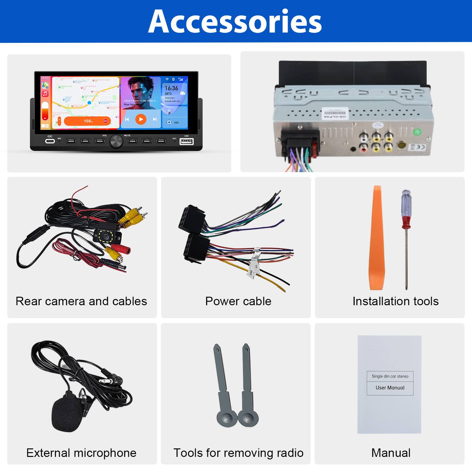 Accessories

- Rear camera and cables
- Power cable
- Installation tools
- External microphone
- Tools for removing radio
- User Manual
