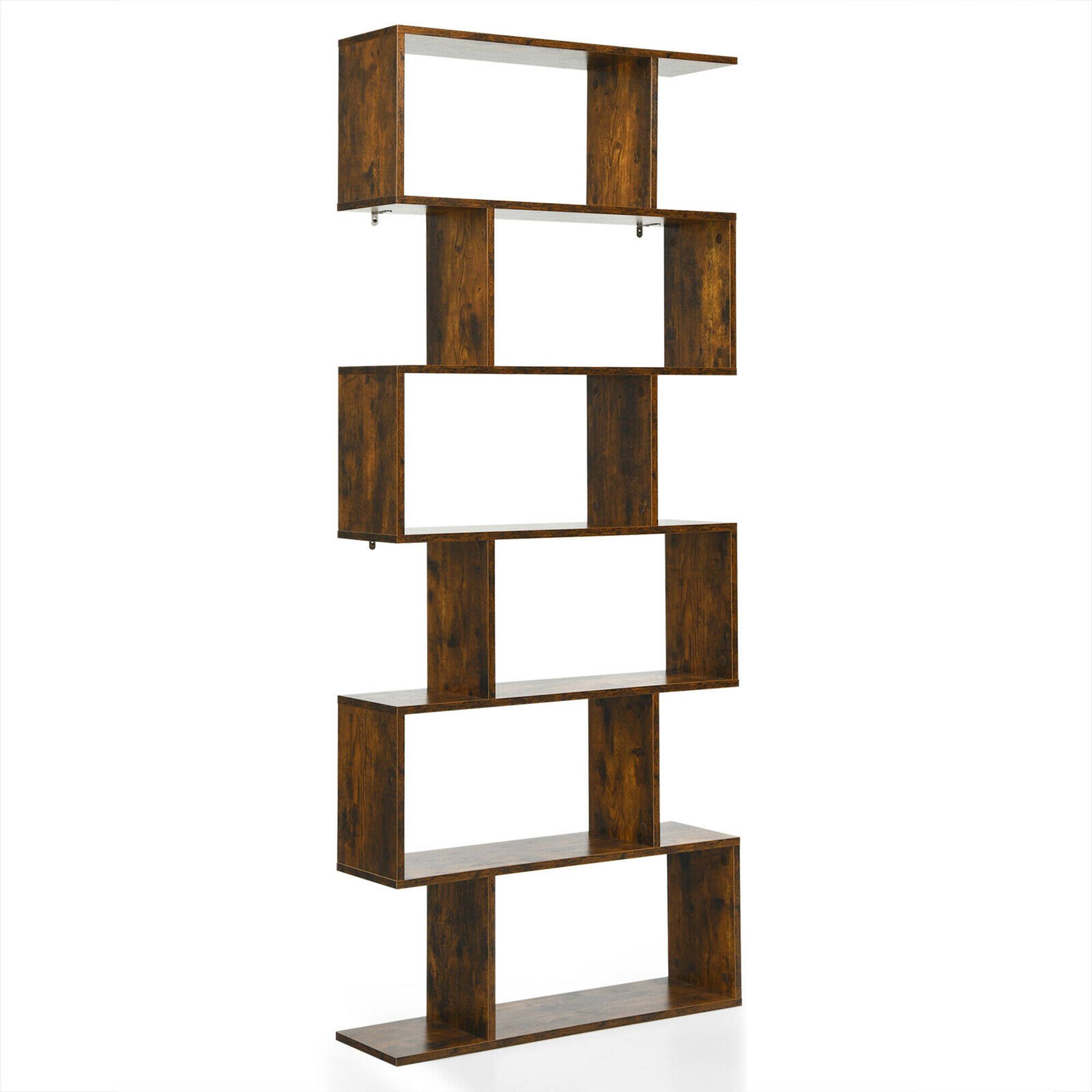 Gymax - 6 Tier S-Shaped Bookshelf Storage Display Bookcase Decor Z-Shelf - Coffee