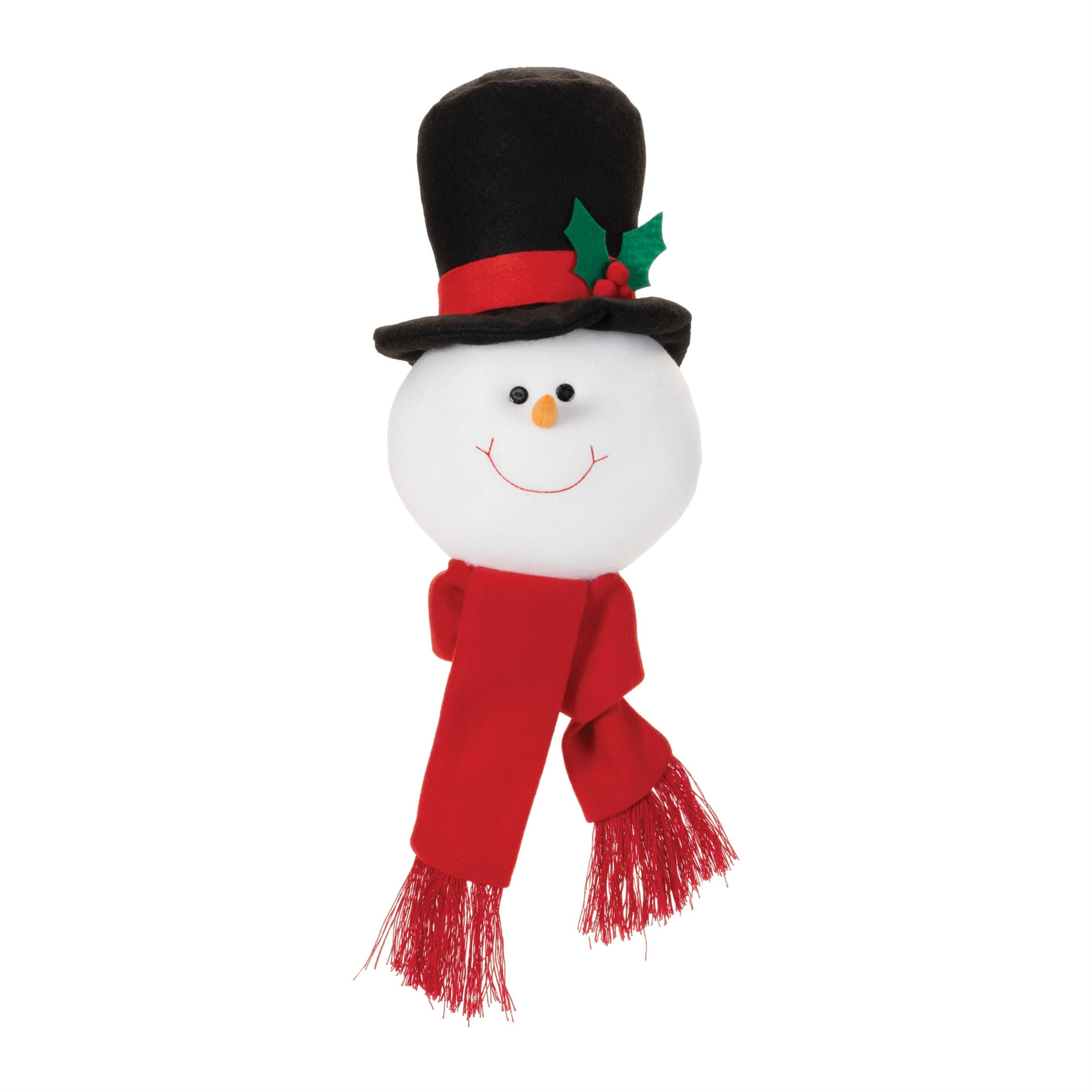 Front. BreeBe - Plush Snowman Head Ornament (Set of 2) - White, Red, Black.
