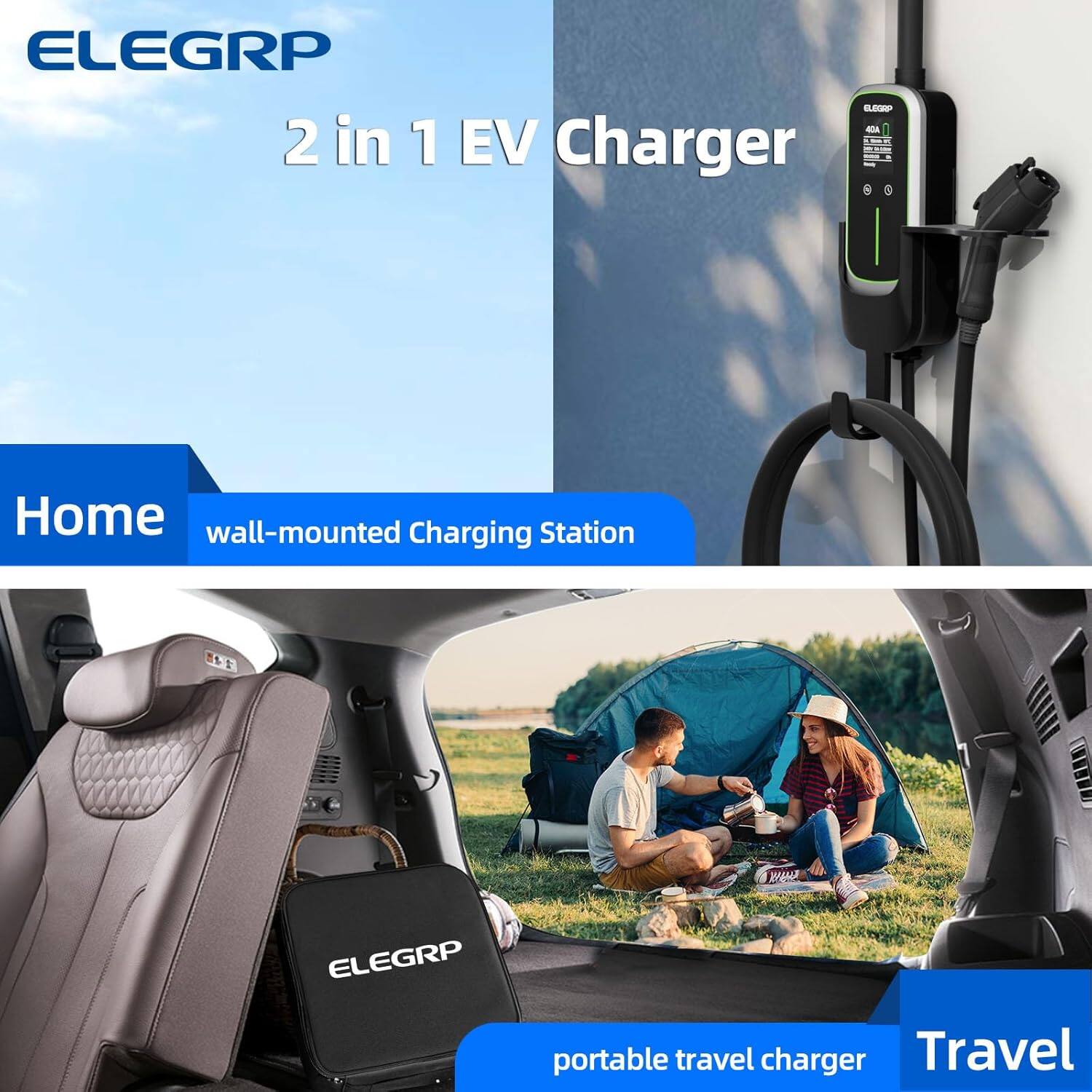 ELEGRP - 2 in 1 EV Charger Home wall-mounted Charging Station ELEGRP portable travel charger