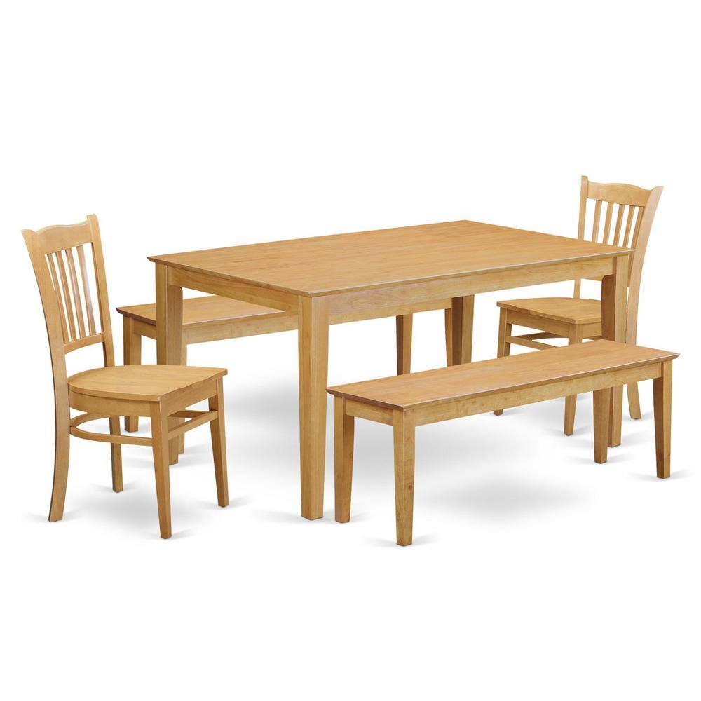 Left. East West Furniture - 5 Pc Dining room set - Table for small spaces and 2 Kitchen Chairs also 2 benches - Oak.