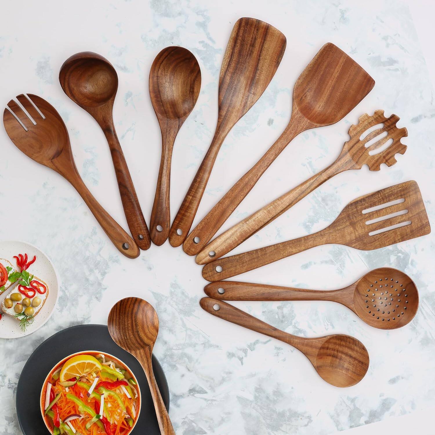 Alt View 5. Zulay Kitchen - Zulay Kitchen 9-Piece Teak Wooden Utensil Set - Non-Stick Spoons with Gift Box - Brown.