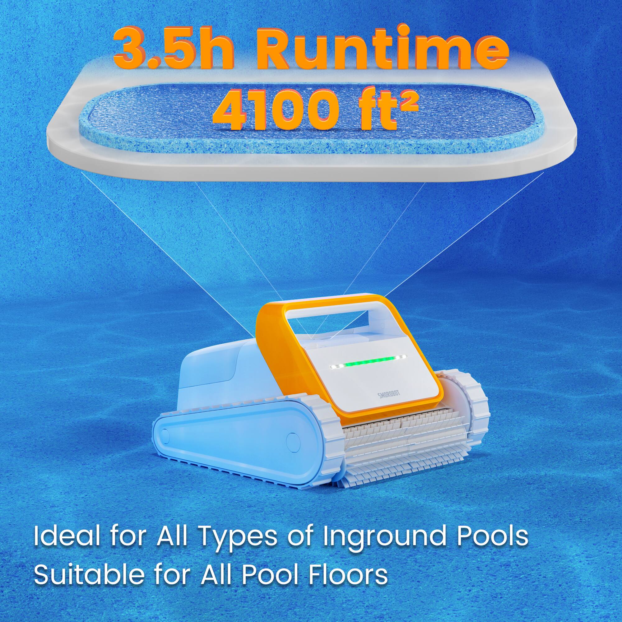 3.5h Runtime  
4100 ft²  

Ideal for All Types of Inground Pools  
Suitable for All Pool Floors