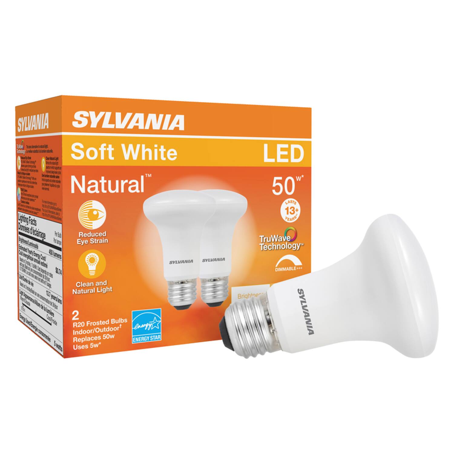 SYLVANIA Soft White Natural™ LED 50w  
- Reduced Eye Strain  
- Clean and Natural Light  
- TruWave Technology™  
- 2 R20 Frosted Bulbs  
- Indoor/Outdoor  
- Replaces 50w  
- Uses 5w*  
- Lasts 13+ Years  
- ENERGY STAR  
- Dimmable