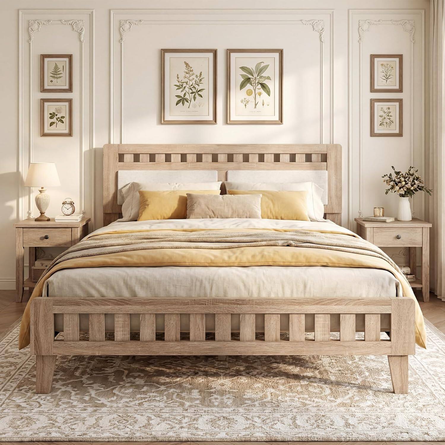 Gymax - Full Wood Bed Frame w/Upholstered Headboard Solid Wood Leg Wooden Slat Support - Beige price history on PriceWatchPro