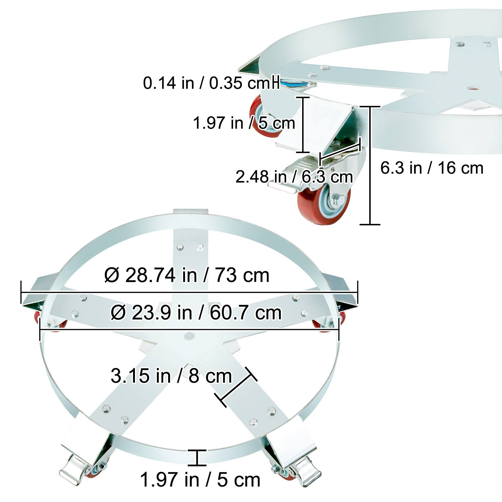 0.14 in / 0.35 cm  
1.97 in / 5 cm  
2.48 in / 6.3 cm  
6.3 in / 16 cm  
28.74 in / 73 cm  
23.9 in / 60.7 cm  
3.15 in / 8 cm  
1.97 in / 5 cm
