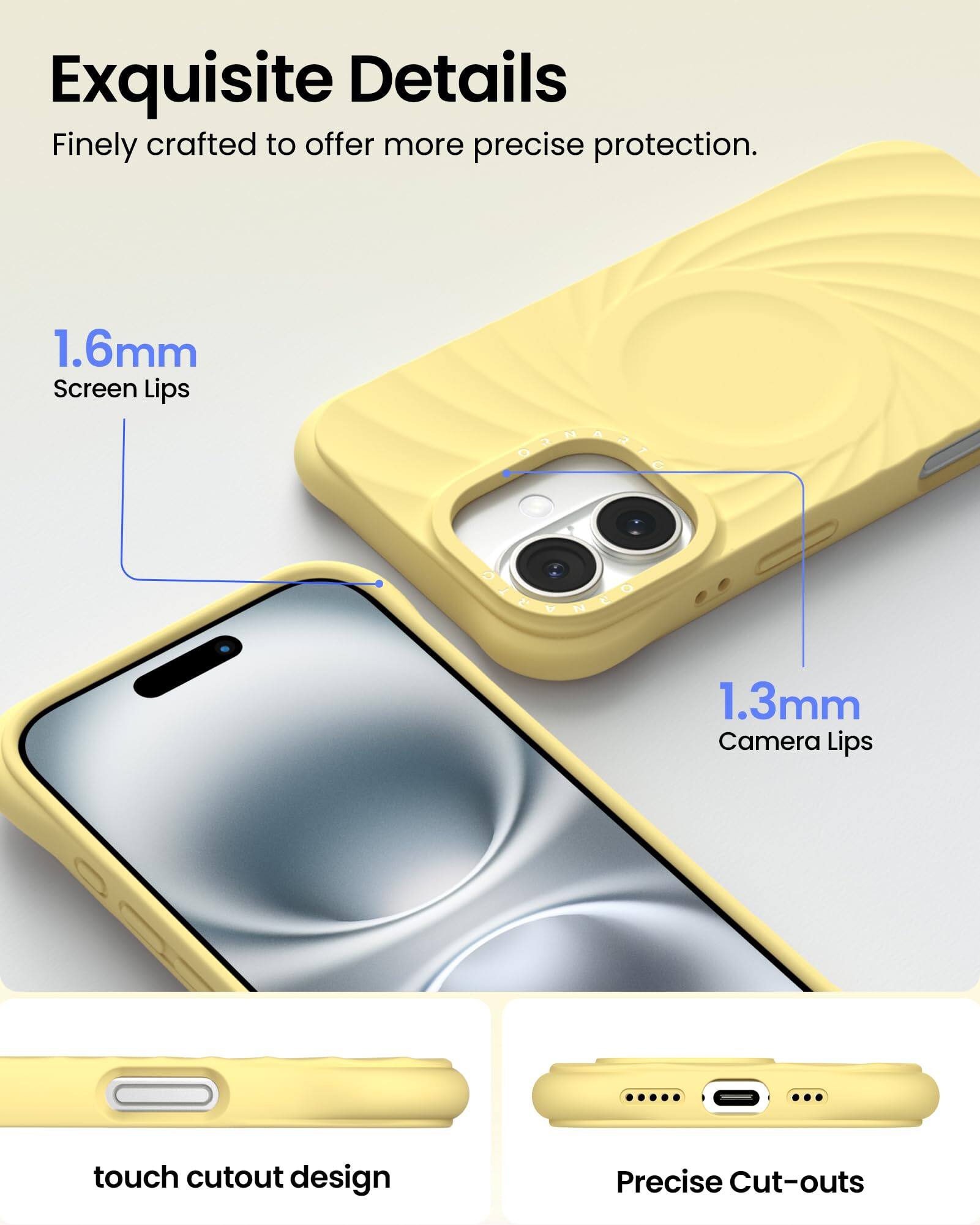 Exquisite Details Finely crafted to offer more precise protection. 1.6mm Screen Lips 1.3mm Camera Lips touch cutout design Precise Cut-outs