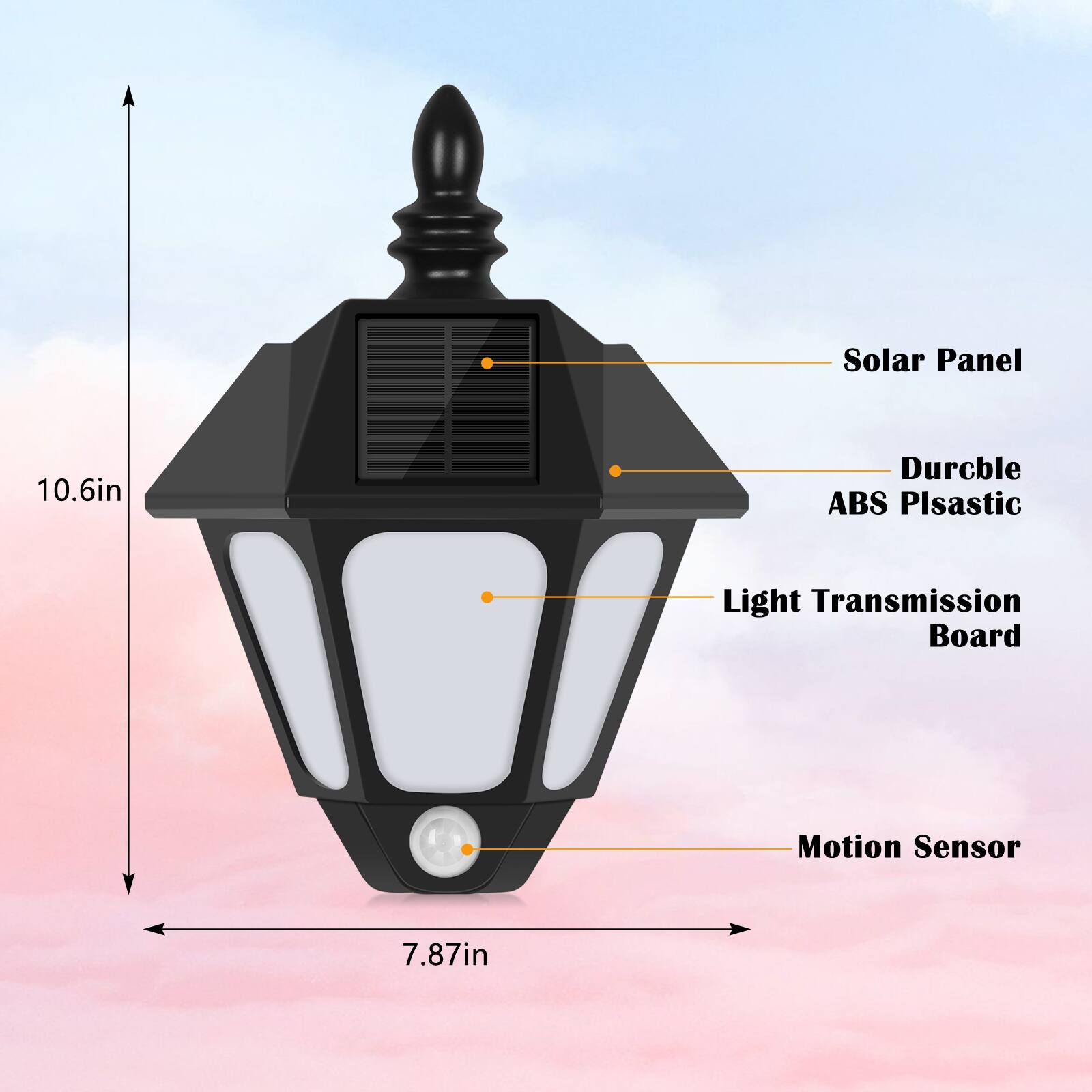 Solar Panel 10.6in Durable ABS Plastic Light Transmission Board Motion Sensor 7.87in