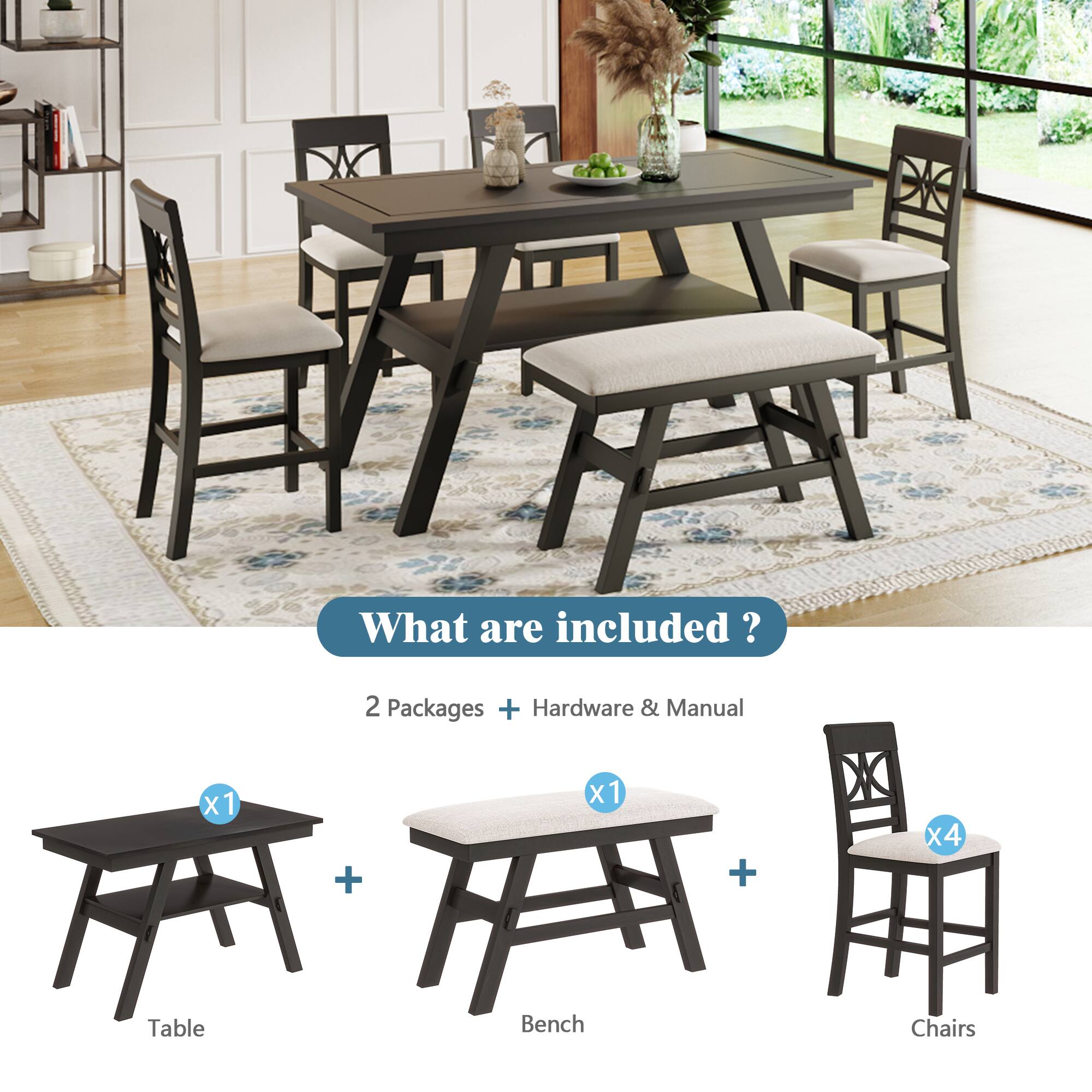 What are included?

2 Packages + Hardware & Manual

- Table x1
- Bench x1
- Chairs x4